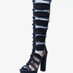Denim Open Toe Chunky Heel Cut Out Knee High Summer Boots
