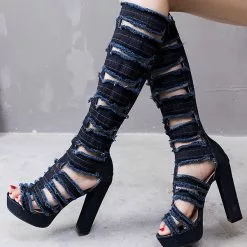 Denim Open Toe Chunky Heel Cut Out Knee High Summer Boots -UK Winter Shoes Sales 2023 202304261159040025383