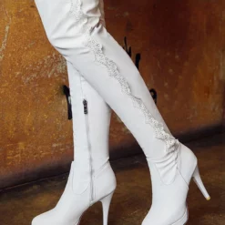 Over The Knee Boots Womens Lace-detailed Round Toe Stiletto Heel Thigh High Boots
