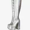 Knee-High Boots Leather Silver Round Toe Bright Leather Chunky Heel Dazzling Women Knee Length Boots