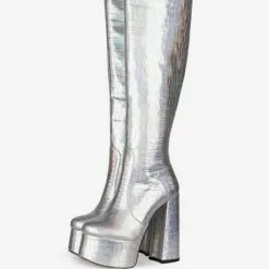 Knee-High Boots Leather Silver Round Toe Bright Leather Chunky Heel Dazzling Women Knee Length Boots
