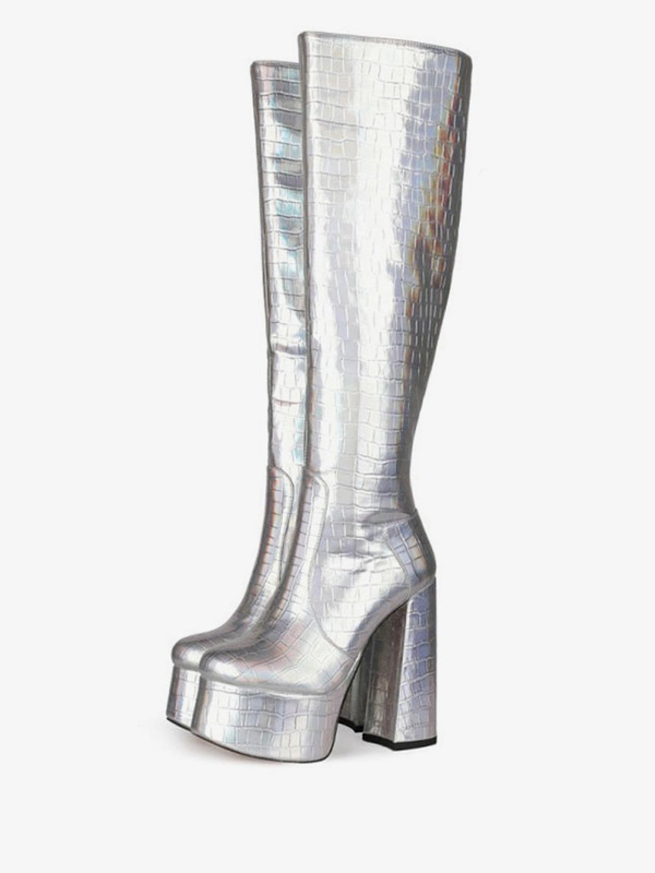 Knee-High Boots Leather Silver Round Toe Bright Leather Chunky Heel Dazzling Women Knee Length Boots 3 Knee-High Boots Leather Silver Round Toe Bright Leather Chunky Heel Dazzling Women Knee Length Boots