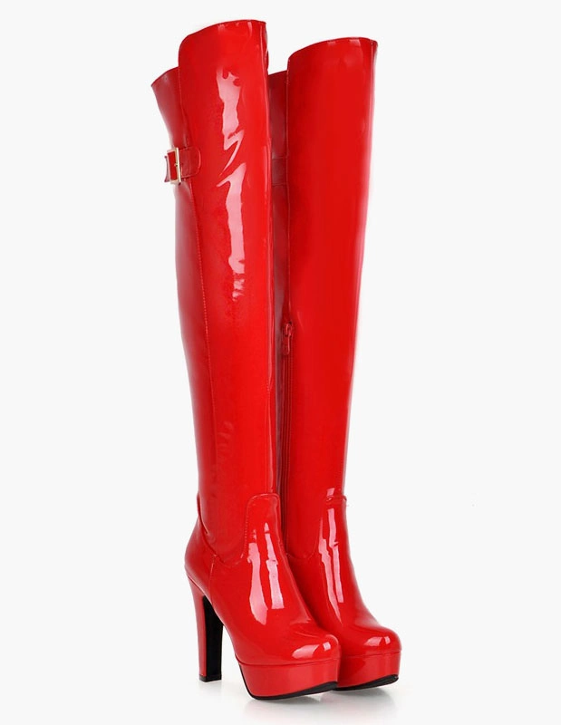 Platform Thigh High Boots Womens Round Toe Chunky Bright Leather Heel Boots 5 Platform Thigh High Boots Womens Round Toe Chunky Bright Leather Heel Boots - Image 3