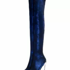 Over The Knee Boots Sequined Blue Pointed Toe Stiletto Heel Thigh High Boots