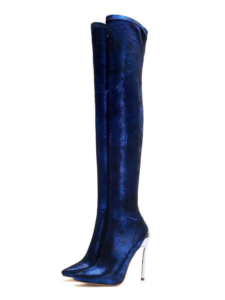 Over The Knee Boots Sequined Blue Pointed Toe Stiletto Heel Thigh High Boots 3 Over The Knee Boots Sequined Blue Pointed Toe Stiletto Heel Thigh High Boots
