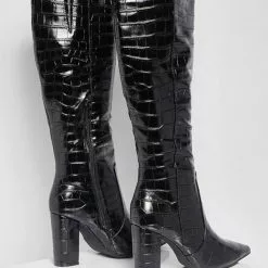 Women Knee High Boots Leather Black Round Toe Stone Patter Chunky Heel Boots -UK Winter Shoes Sales 2023 3a005a7b a2d6 42a8 b53d 27f4ec71855d