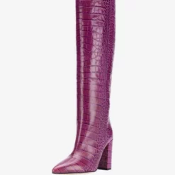 Women's Croc Print Chunky Heel Knee High Boots