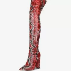 Over The Knee Boots Leather Pink Pointed Toe Snake Print Chunky Heel Thigh High Boots