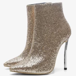 Women Ankle Boots Light Gold Sequined Pointed Toe Stiletto Heel High Heel Booties