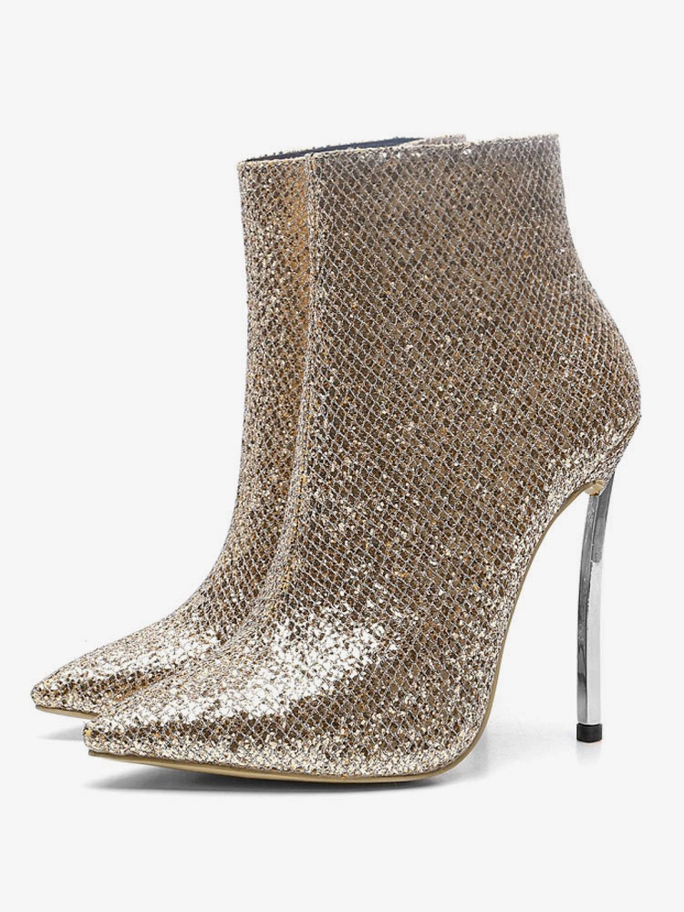 Women Ankle Boots Light Gold Sequined Pointed Toe Stiletto Heel High Heel Booties 3 Women Ankle Boots Light Gold Sequined Pointed Toe Stiletto Heel High Heel Booties