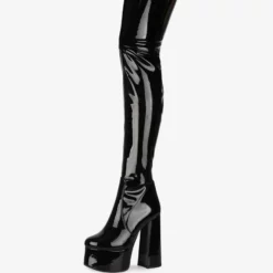 Over The Knee Boots Black Round Toe Chunky Heel High Heel Platform Bright Leather Winter Boots For Women