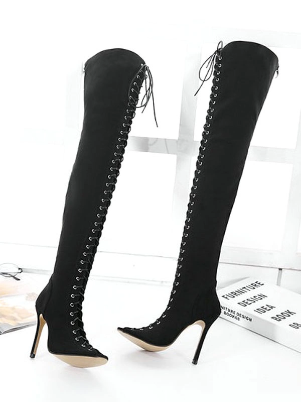 Thigh High Boots Womens Nubuck Lace Up Peep Toe Stiletto Heel Over The Knee Boots 7 Thigh High Boots Womens Nubuck Lace Up Peep Toe Stiletto Heel Over The Knee Boots - Image 5