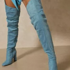 Women's Wide Calf Thigh High Boots Suede Chunky Heel Over The Knee Boots