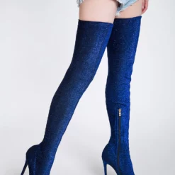 Thigh High Boots Womens Sequined Cloth Pointed Toe Stiletto Heel Stretch Boots