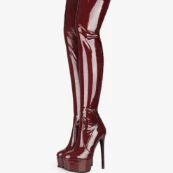 Over The Knee Boots Leather Burgundy Round Toe Stiletto Heel High Heel Thigh High Boots