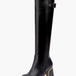 Knee High Boots Womens Leather Buckled Round Toe Block Heel Winter Boots