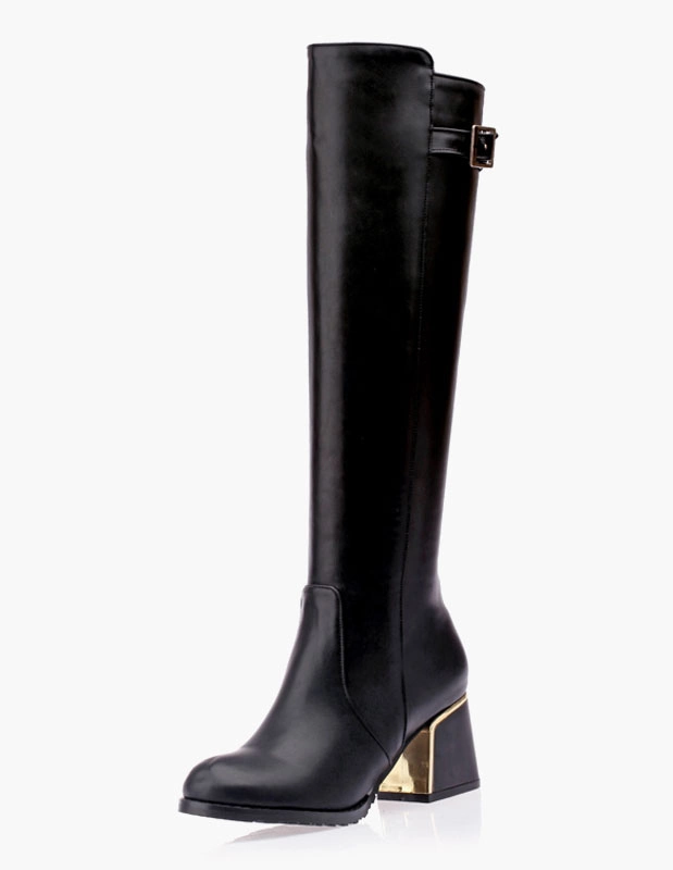 Knee High Boots Womens Leather Buckled Round Toe Block Heel Winter Boots 3 Knee High Boots Womens Leather Buckled Round Toe Block Heel Winter Boots