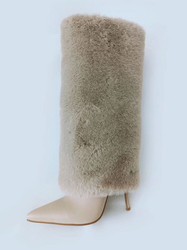 Women's White Boots Fuzzy Stiletto Heel Knee High Boots 8 Women's White Boots Fuzzy Stiletto Heel Knee High Boots - Image 6
