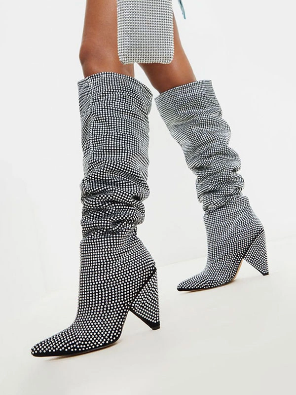Women's Slouch Boots Elegant Rhinestones Cone Heel Knee High Boots 6 Women's Slouch Boots Elegant Rhinestones Cone Heel Knee High Boots - Image 4