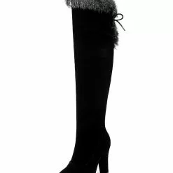 Black Thigh High Boots Womens Micro Suede Faux Fur Almond Toe Chunky Heel Over The Knee Boots