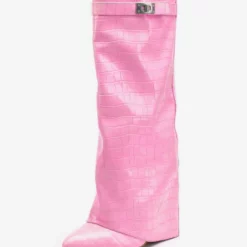 Women Wide Calf Boots Nude Wide Heel Mental Details Straight Shaft Knee HIgh Boots