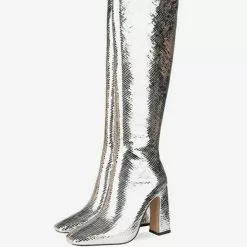 Knee-High Boots Silver Square Toe Snake Print Chunky Heel Bright Leather Women Knee Length High Heel Boots