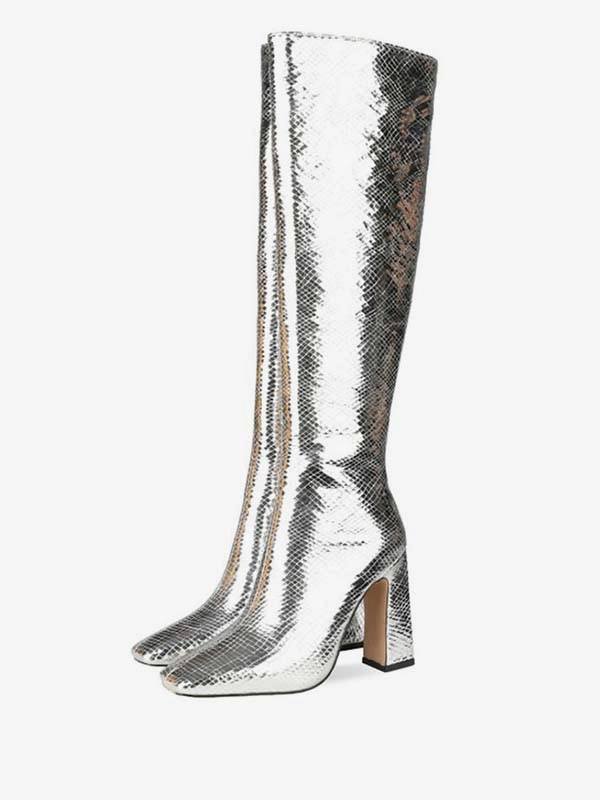 Knee-High Boots Silver Square Toe Snake Print Chunky Heel Bright Leather Women Knee Length High Heel Boots 3 Knee-High Boots Silver Square Toe Snake Print Chunky Heel Bright Leather Women Knee Length High Heel Boots