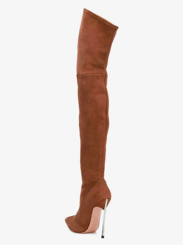 Over The Knee Boots Micro Suede Upper Coffee Brown Pointed Toe Stiletto Heel Thigh High Boots 7 Over The Knee Boots Micro Suede Upper Coffee Brown Pointed Toe Stiletto Heel Thigh High Boots - Image 5