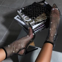 Women's Clear Boots Pointed Toe High Heel Studded Transparent Booties Sexy Fishnet Sock Boots