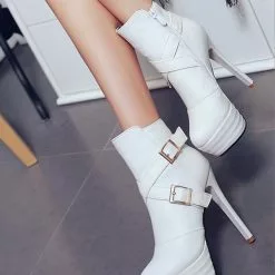 Black Ankle Boots High Heel Platform Booties Women's Buckle Zipper Stiletto Short Boots