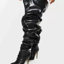 Women's Wide Slouch Thigh High Heel Boots In Black Bright Leather