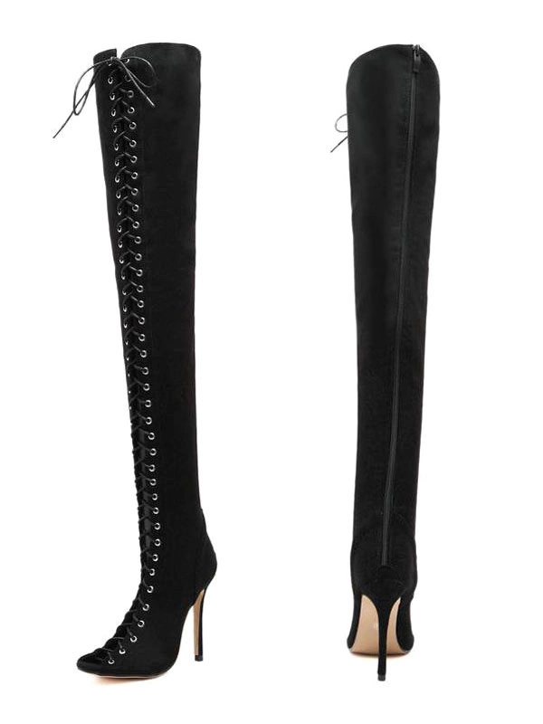 Thigh High Boots Womens Nubuck Lace Up Peep Toe Stiletto Heel Over The Knee Boots 8 Thigh High Boots Womens Nubuck Lace Up Peep Toe Stiletto Heel Over The Knee Boots - Image 6