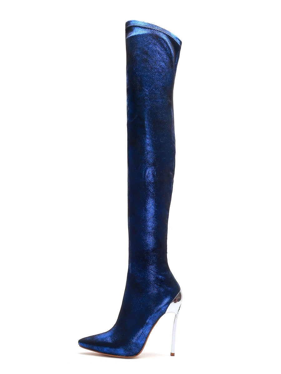 Over The Knee Boots Sequined Blue Pointed Toe Stiletto Heel Thigh High Boots 4 Over The Knee Boots Sequined Blue Pointed Toe Stiletto Heel Thigh High Boots - Image 2