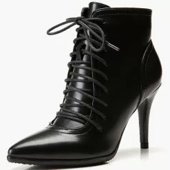 Black Ankle Boots Women Pointed Toe Lace Up High Heel Booties