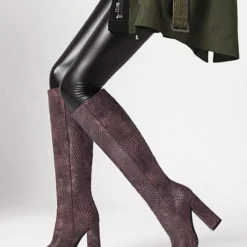 Coffee Brown Knee-High Boots For Women Pointed Toe Chunky Heel Boots
