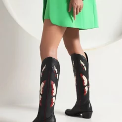 Women's Western Boots Black PU Leather Puppy Heel Knee High Boots