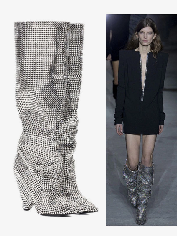 Women's Slouch Boots Elegant Rhinestones Cone Heel Knee High Boots 5 Women's Slouch Boots Elegant Rhinestones Cone Heel Knee High Boots - Image 3