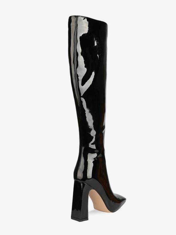 Knee-High Boots Leather Black Square Toe Bright Leather Chunky Heel High Heel Knee Length Boots For Women 7 Knee-High Boots Leather Black Square Toe Bright Leather Chunky Heel High Heel Knee Length Boots For Women - Image 5