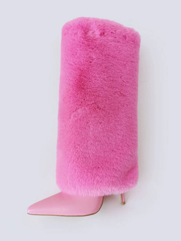 Women's White Boots Fuzzy Stiletto Heel Knee High Boots 7 Women's White Boots Fuzzy Stiletto Heel Knee High Boots - Image 5