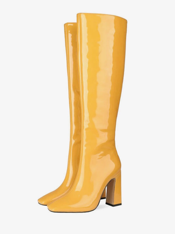 Knee-High Boots Leather Black Square Toe Bright Leather Chunky Heel High Heel Knee Length Boots For Women 4 Knee-High Boots Leather Black Square Toe Bright Leather Chunky Heel High Heel Knee Length Boots For Women - Image 2