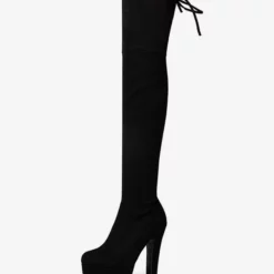 Platform Thigh High Boots Womens Micro Suede Almond Toe Chunky Heel Over The Knee Boots