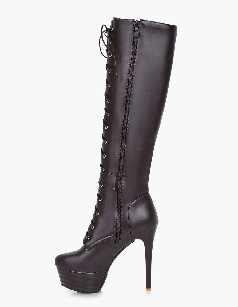 Platform Knee High Boots Womens Patent Lace Up Round Toe Stiletto Heel Winter Boots 5 Platform Knee High Boots Womens Patent Lace Up Round Toe Stiletto Heel Winter Boots - Image 3