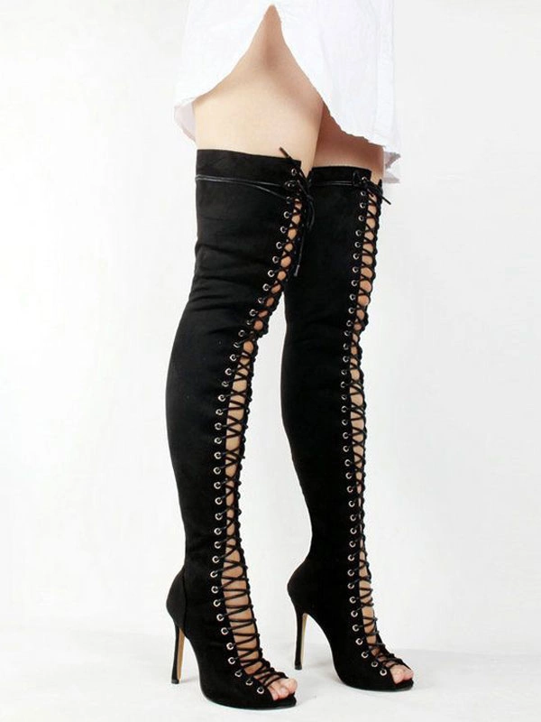 Thigh High Boots Womens Nubuck Lace Up Peep Toe Stiletto Heel Over The Knee Boots 6 Thigh High Boots Womens Nubuck Lace Up Peep Toe Stiletto Heel Over The Knee Boots - Image 4