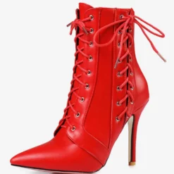 High Heel Booties Red Ankle Boots Pointed Toe Bright Leather Lace Up Booties For Women