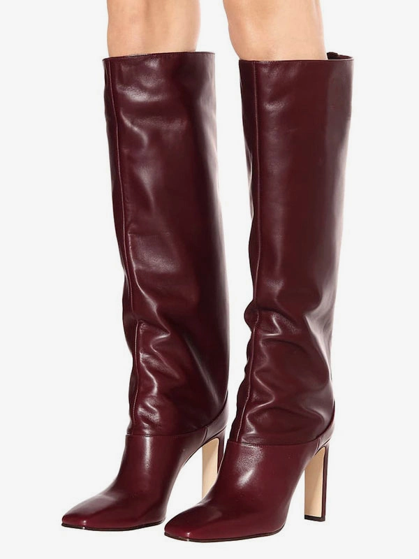 Women's Wide Calf Boots Burgundy Pointed Toe Chunky Heel Knee High Boots 4 Women's Wide Calf Boots Burgundy Pointed Toe Chunky Heel Knee High Boots - Image 2