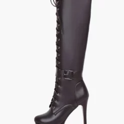 Platform Knee High Boots Womens Patent Lace Up Round Toe Stiletto Heel Winter Boots
