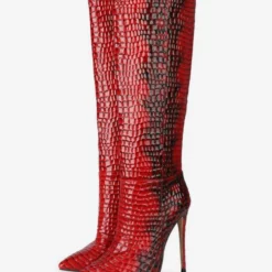 Knee-High Boots Leather Red Pointed Toe Stiletto Heel Extra Wide Women's Boots