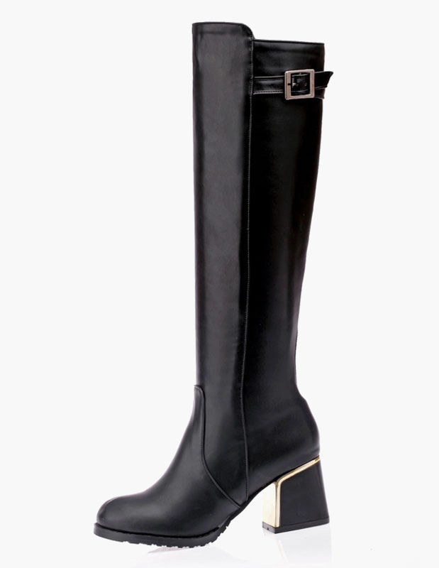 Knee High Boots Womens Leather Buckled Round Toe Block Heel Winter Boots 4 Knee High Boots Womens Leather Buckled Round Toe Block Heel Winter Boots - Image 2