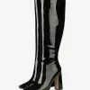 Knee-High Boots Leather Black Square Toe Bright Leather Chunky Heel High Heel Knee Length Boots For Women