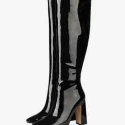 Knee-High Boots Leather Black Square Toe Bright Leather Chunky Heel High Heel Knee Length Boots For Women